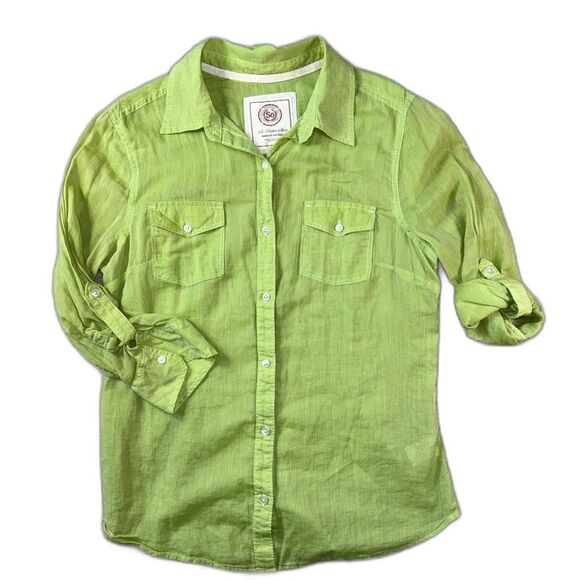 Authentic American Heritage Tops - Lime Green Button Up Camp Shirt Lightweight Cotton Blouse Boho Summer Size L